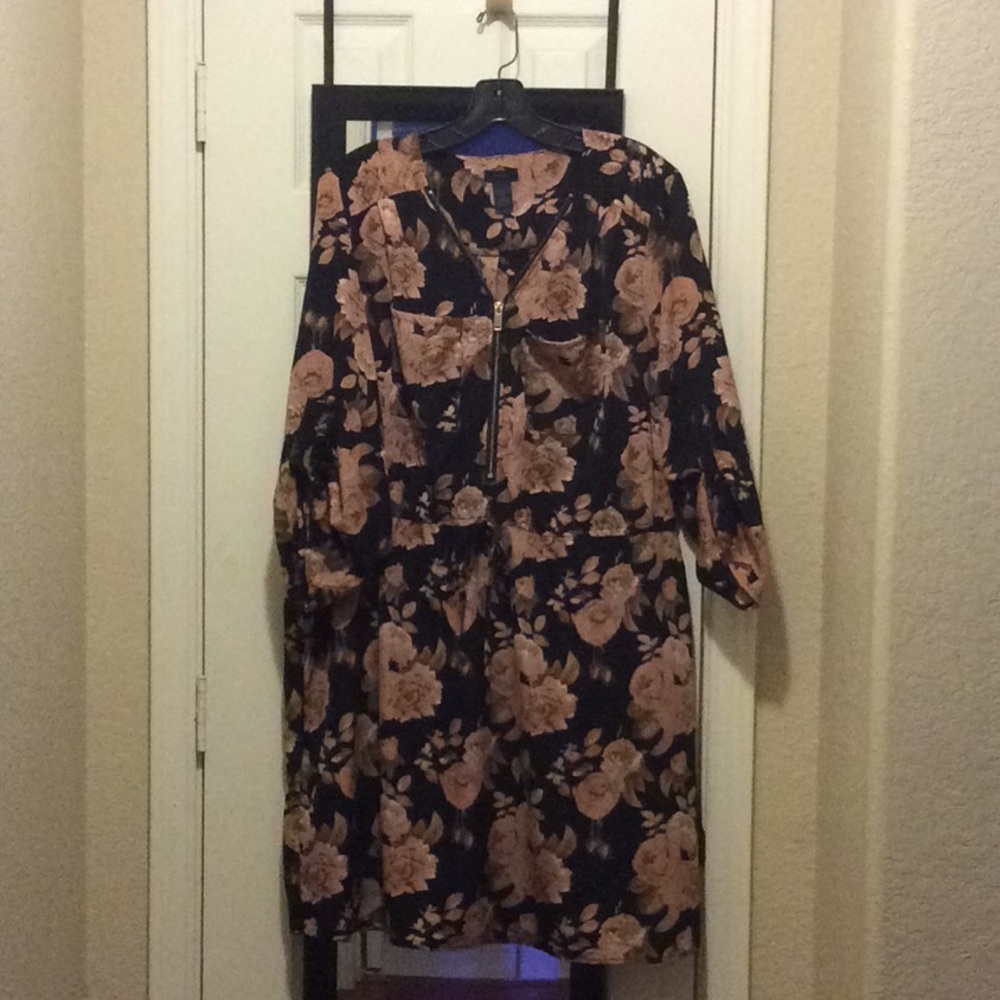 Black & Peach Floral Casual Dress 2X Front Zipper